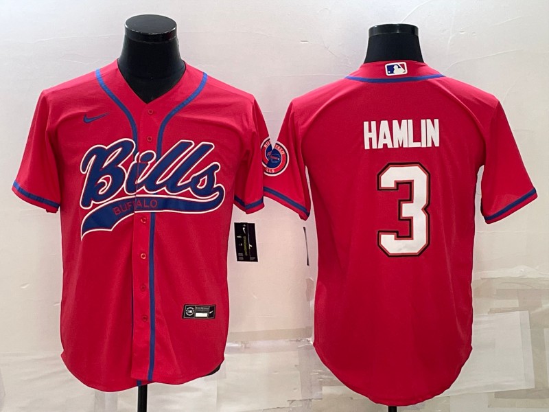 Men's Buffalo Bills #3 Damar Hamlin Red With Patch Cool Base Stitched Baseball Jersey